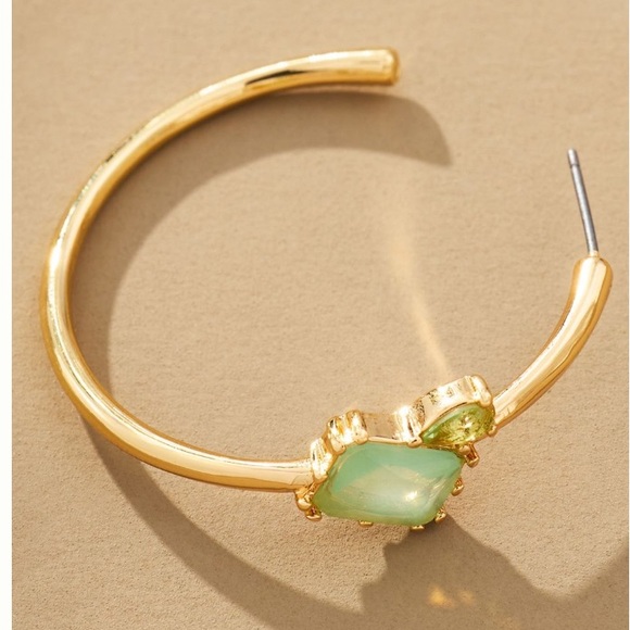 Anthropologie Mint Green Stone Gold Hoop Earrings Pale Green Stones - Picture 7 of 8